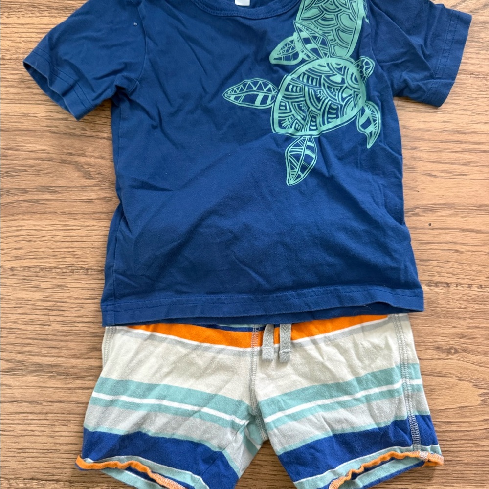 Tea Collection Navy Blue T-Shirt & Multicolor Striped Shorts Set